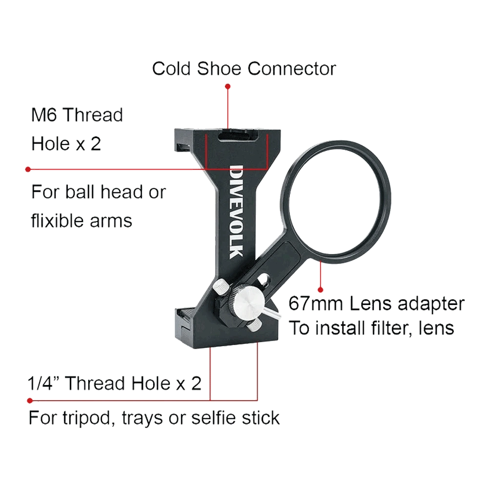 Divevolk Klammer M67 Linsenhalter - Clamp mit 67mm Lens Adapter